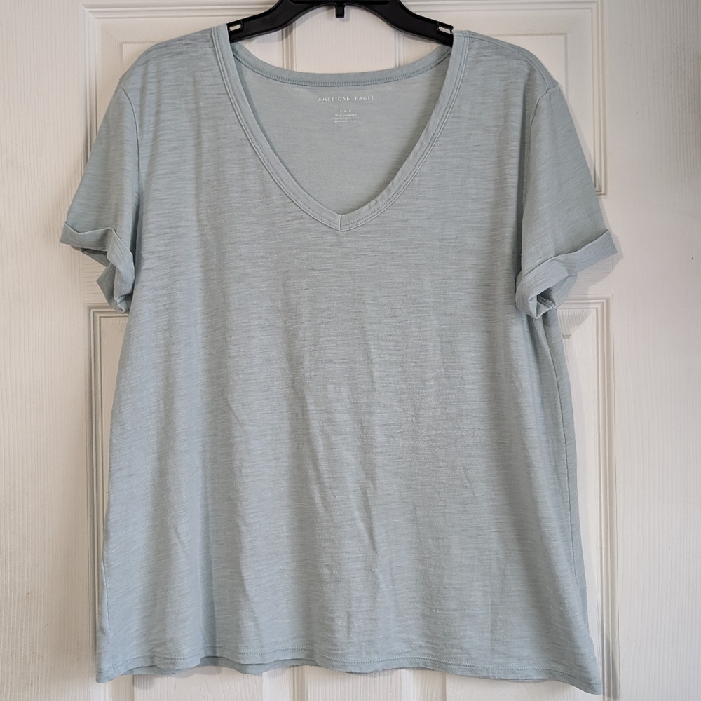 American Eagle Women's Light Blue V-Neck Top